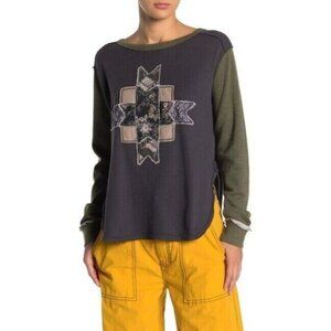 Free People Womens Charcoal Combo‎ Star Patchwork Thermal Tee Shirt Size XS
